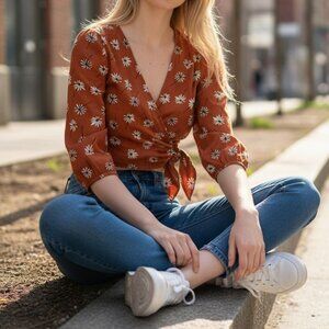 Madewell Daisies Floral Rust Brown 100% Silk Wrap Blouse Top Sz. XS